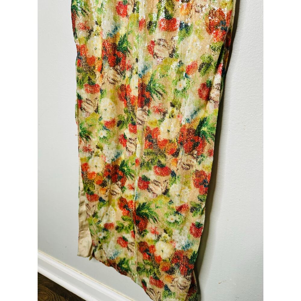 ROSETTA GETTY Multicolored Floral Crepe De Chine Sequin Long Sleeve Gown Size 0 - Picture 9 of 16